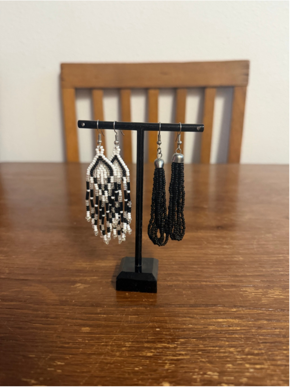 2 Pair Seed Bead Fringe Tassel Earrings Black White Clear Long Dangle Boho